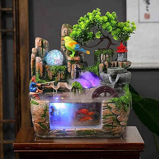 Desktop Fountain Waterfall with Rockery Indoor Relaxation Tabletop Resin Ornament and Light Bird Fisherman for Home