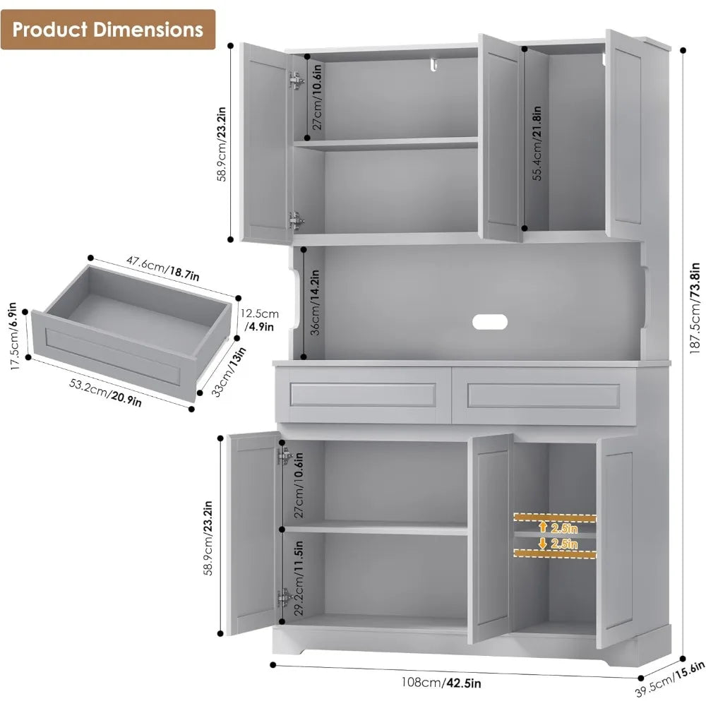 74" Pantry Cabinet, Tall Kitchen Pantry Cabinet with 6 Doors and 2 Drawers, Kitchen Hutch, Modern Kitchens Cupboard