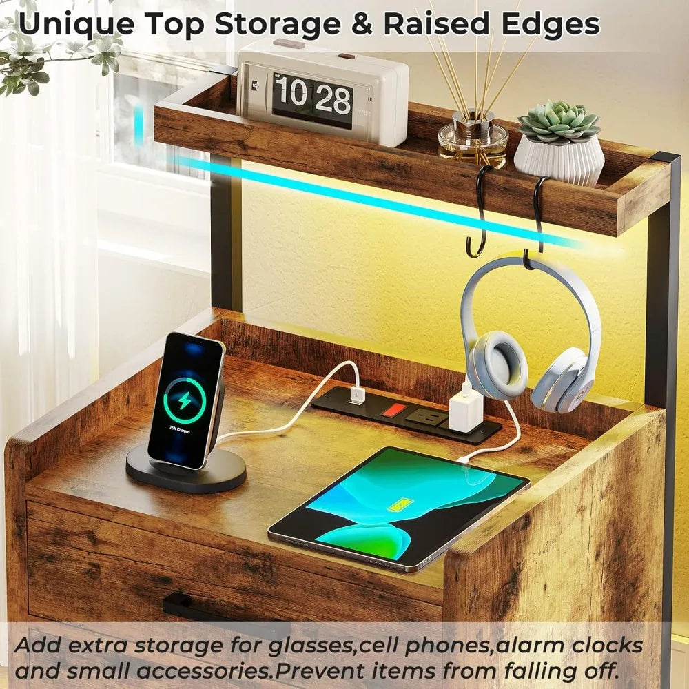 LED Nightstand Set of 2 with Charging Station, 2 Drawers Night Stand with LED Lights for Bedroom, 2 USB Ports, 2 Power Outlets,
