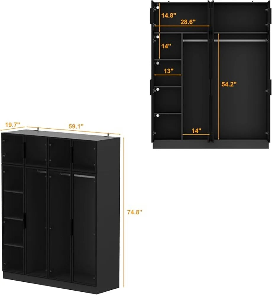 Wardrobe Cabinet with LED Light Strips, Modern Armoire Closet with Glass Doors, 59.1" W Large Bedroom Armoire Clothes Organizer