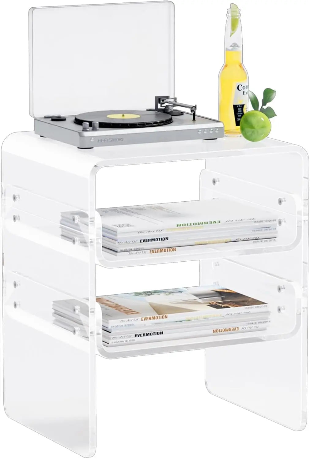 Acrylic Record Player Table with Storage Shelf \u2013 Sleek Bedside Storage with Durable Design, Perfect for Bedrooms, Living Ro