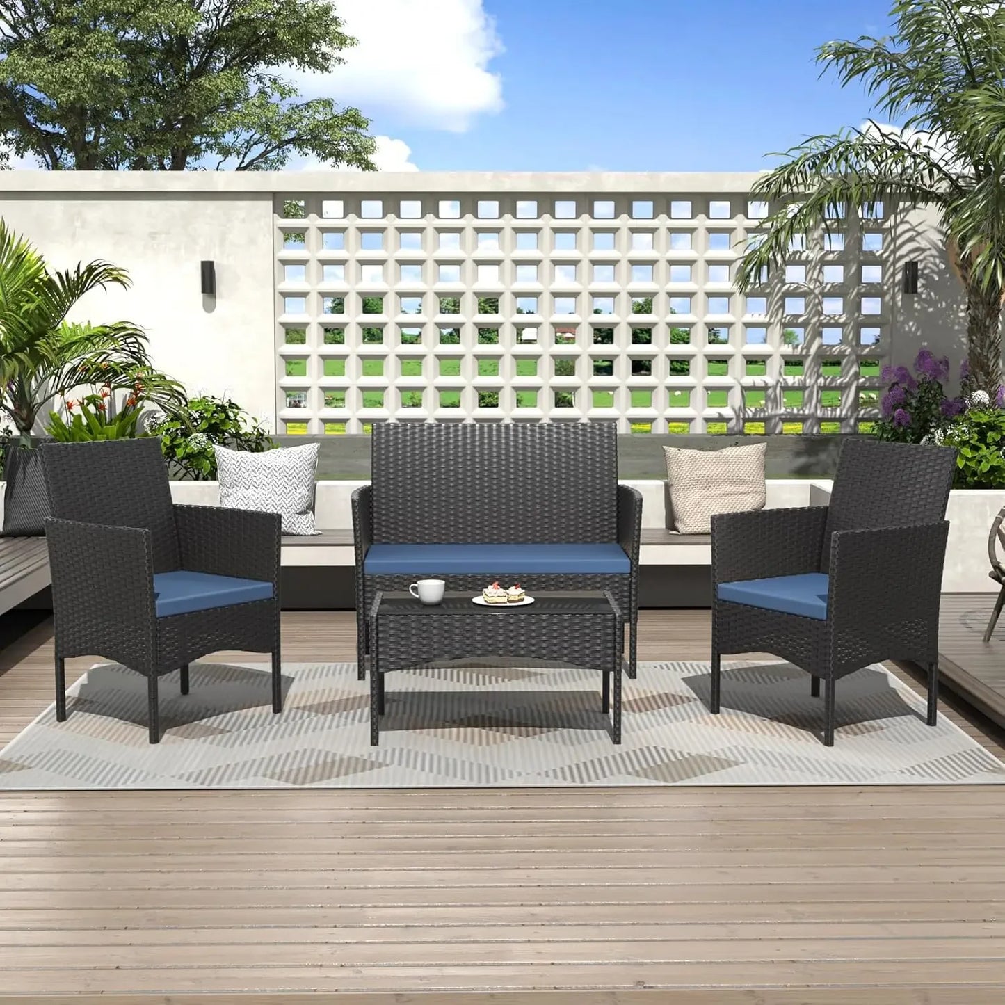 4 Pieces Patio Conversation Set Outdoor Rattan Patio Furniture Set Wicker Chairs with Soft Cushion and Glass Table for Pa
