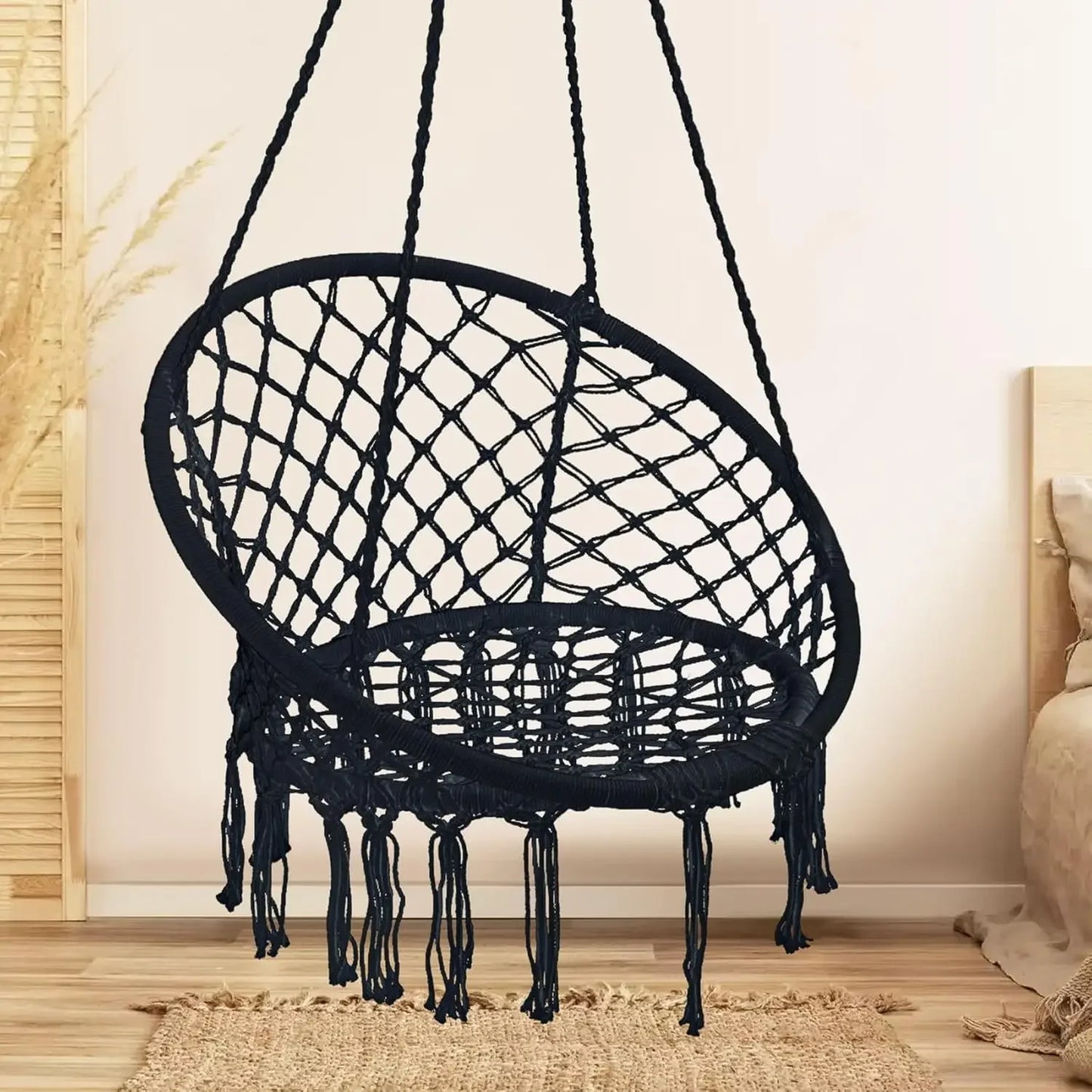 Hammock Chair Macrame Swing Set of Bohemian Style Hammock Swing Chair with Tassels Hanging Swing Chair Handmade Knitted Cotton