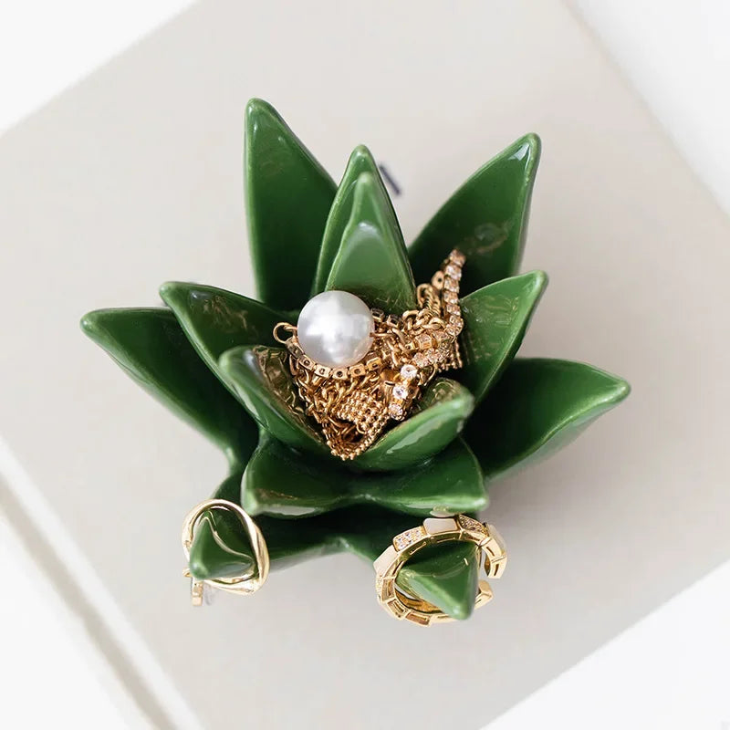 Nordic Ceramic Cactus Aloe Jewelry Earring Storage Desk Ornament