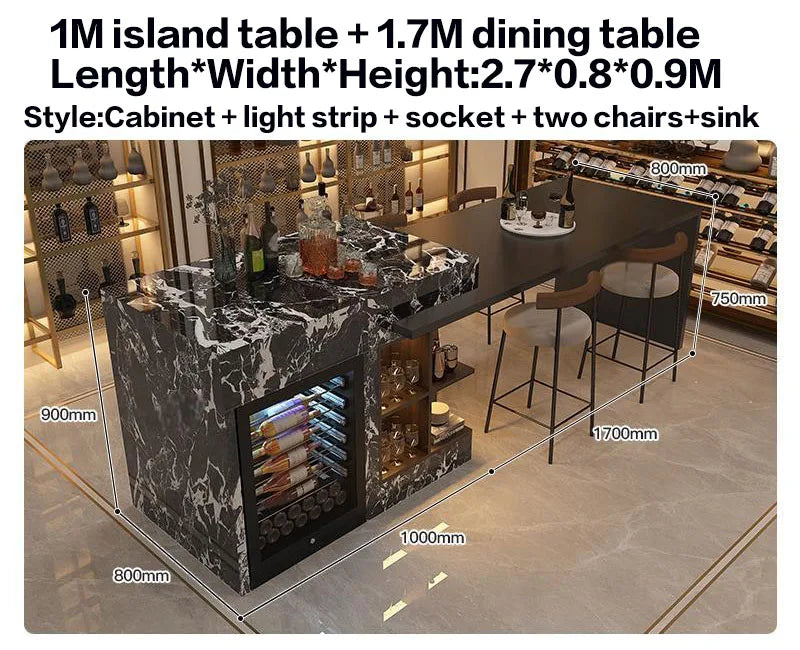 Luxury Marble Kitchen Island Set with Dining Table, Wine Refrigerator, LED Lights, 2-Layer Storage & Artistic Sculpture Base