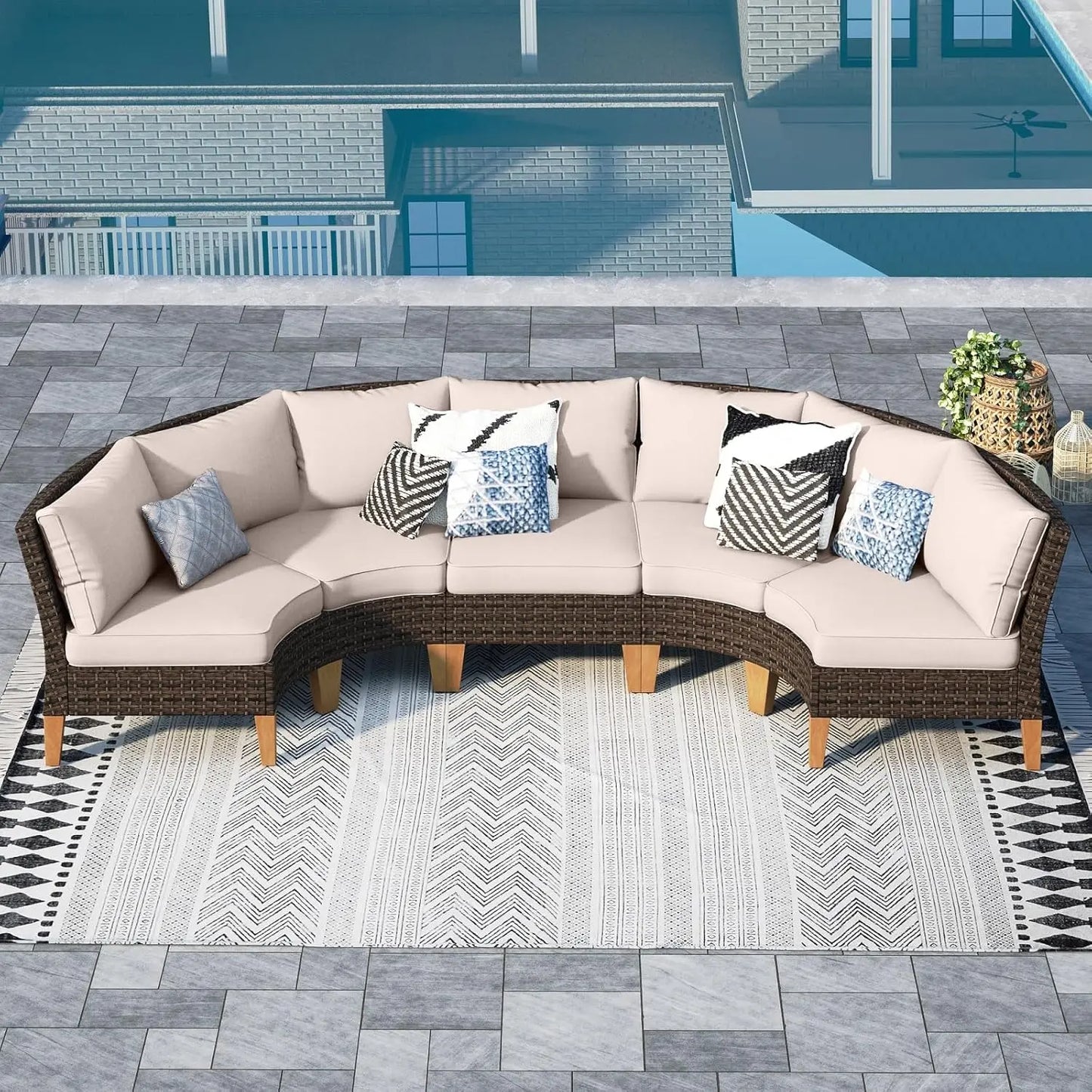 12 Piece Curved Outdoor Sectional Sofa Set Rattan Patio Conversation Set with 4 x Curved Sofa,2X Armless Sofa, 2 x Ottoman,Beige