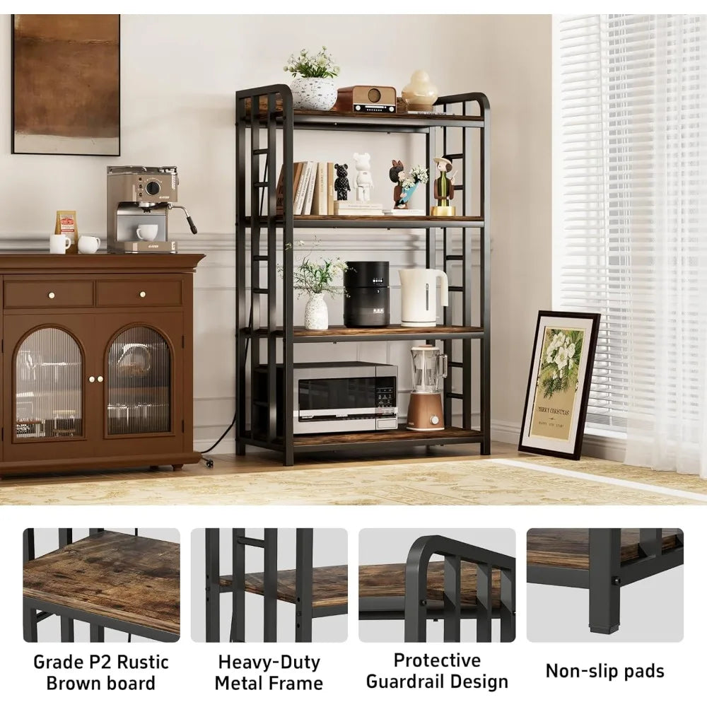 Rustic Brown Bakers Rack With Black Frame And Power Outlet