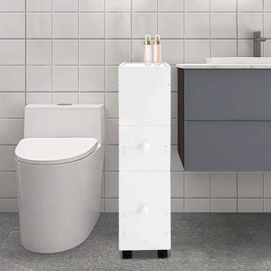 White Narrow Bathroom Storage Cabinet, Modern PVC Floor Standing Cabinet W/ Drawers, Carved Rectangular Side Cabinet for Toilet