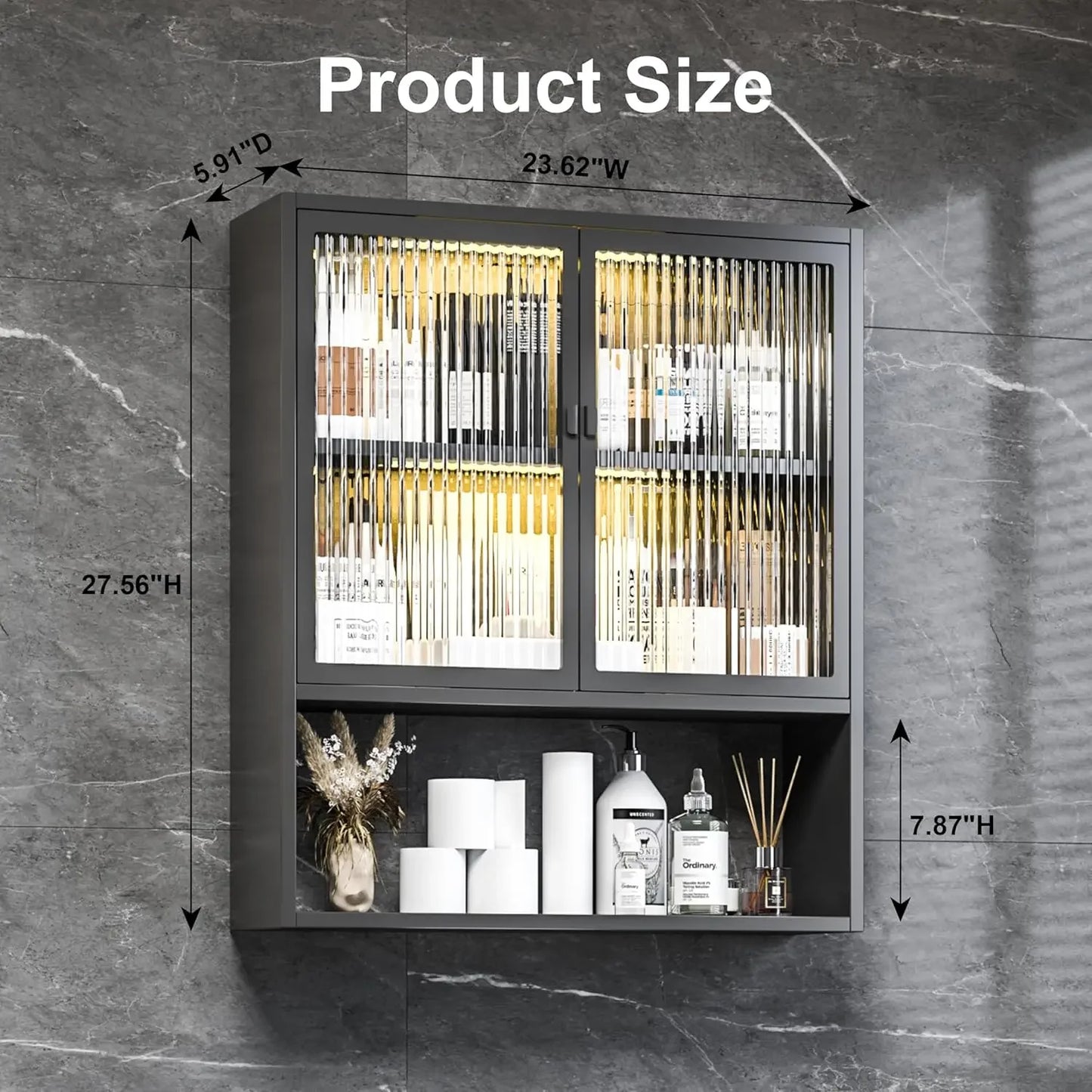 Bathroom Cabinet Wall Mount,Metal Medicine Cabinets with Glass Doors and LED Light,Wall Cabinet Over The Toilet,