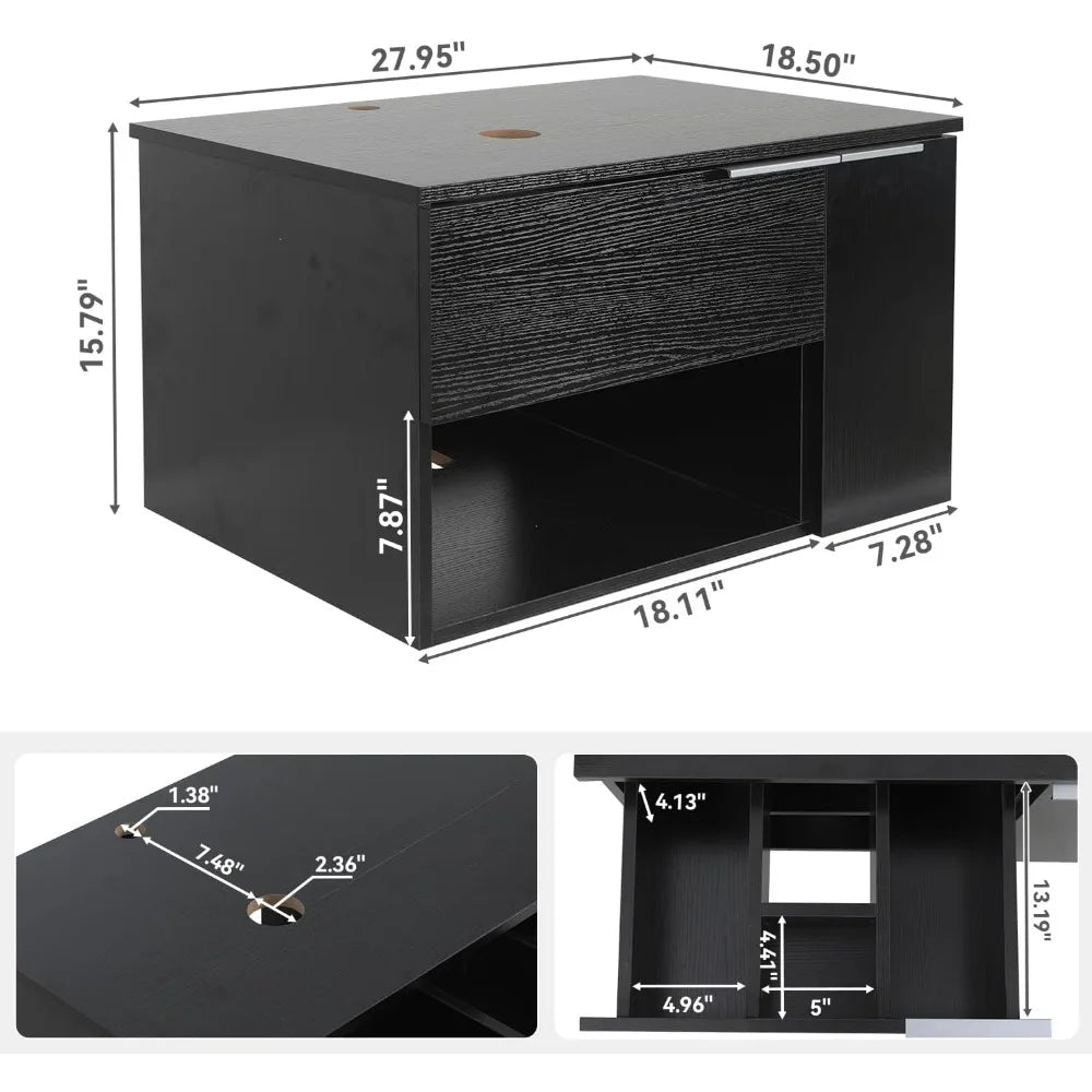 28 Inch Black Floating Bathroom Vanity with 1-Door and 1-Drawer, Modern Wall Mounted Cabinet with Blue Boat Vessel Sink Top