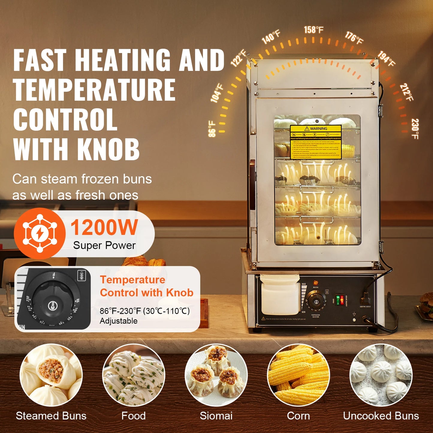 SucceBuy Commercial Food Warmer Display Food Steamer Bun Warmer Machine Temperature Control Stainless Steel Steamed Buns Warmer