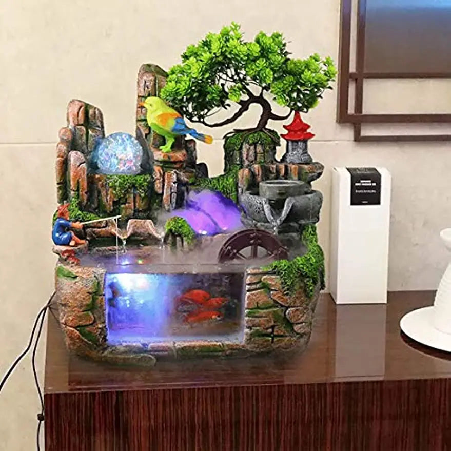 Desktop Fountain Waterfall with Rockery Indoor Relaxation Tabletop Resin Ornament and Light Bird Fisherman for Home
