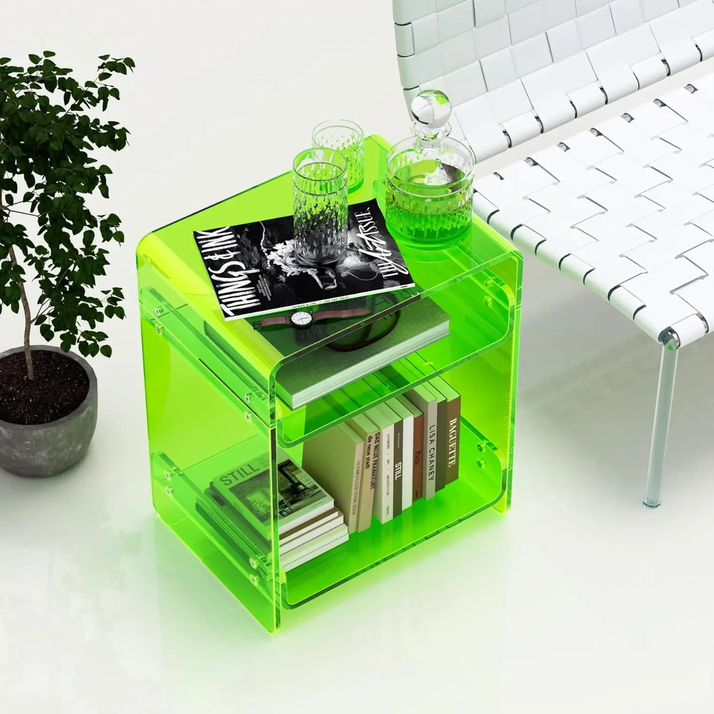 Acrylic Record Player Table with Storage Shelf \u2013 Sleek Bedside Storage with Durable Design, Perfect for Bedrooms, Living Ro