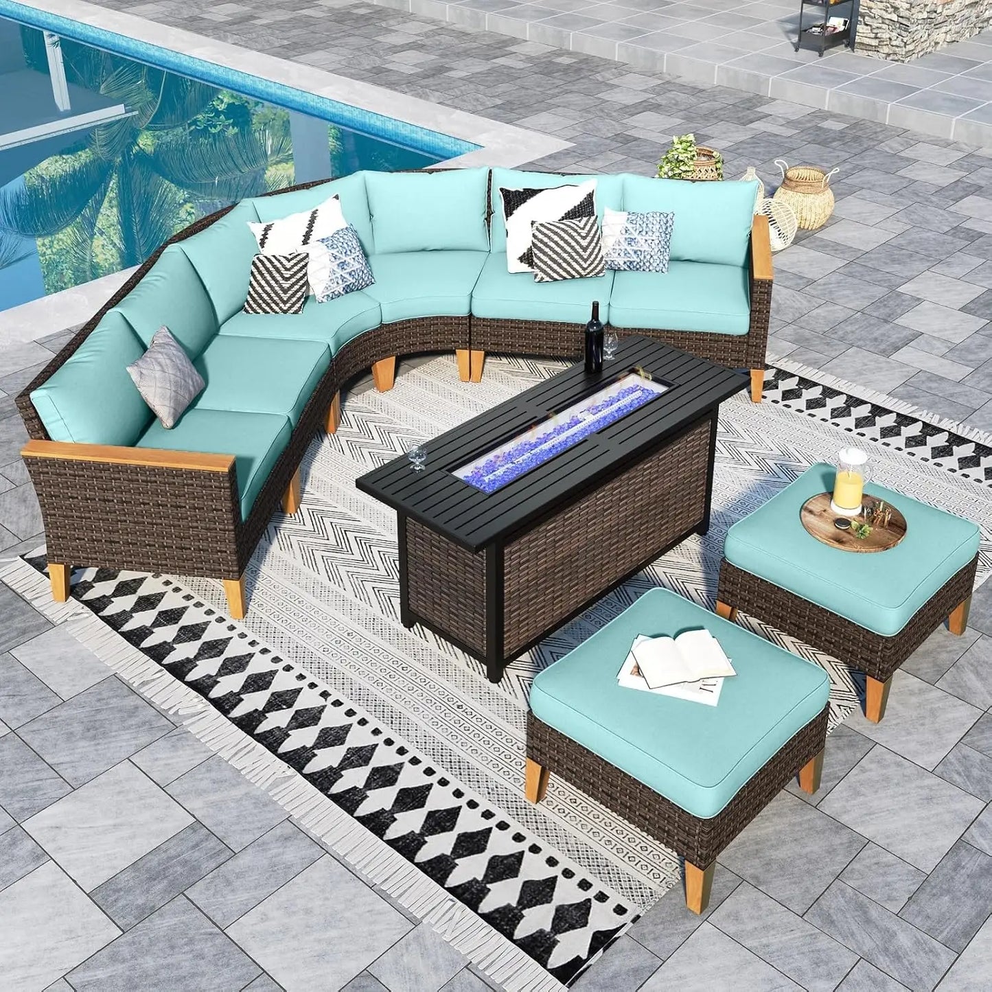 12 Piece Curved Outdoor Sectional Sofa Set Rattan Patio Conversation Set with 4 x Curved Sofa,2X Armless Sofa, 2 x Ottoman,Beige