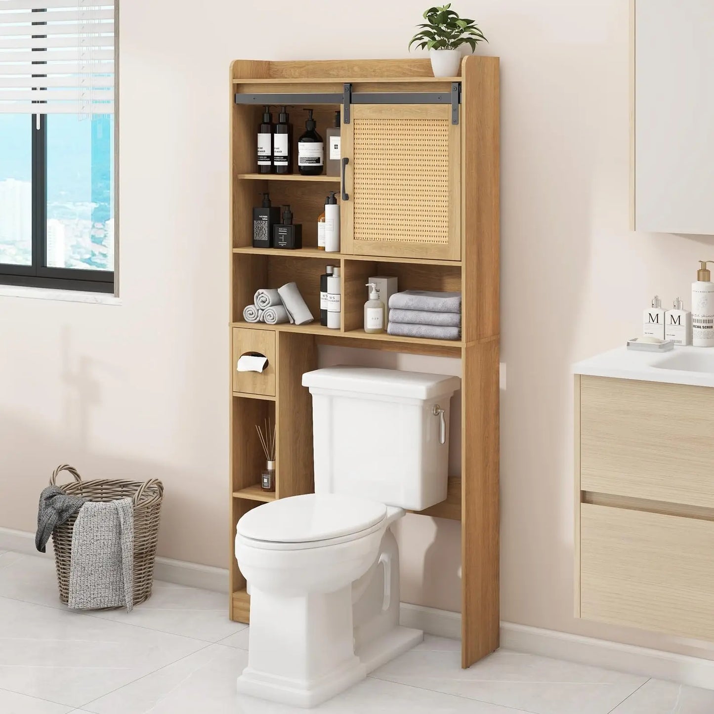 Vabches Over the Toilet Storage Cabinet Rattan Bathroom Organizer with Sliding Door&Toilet Paper Holder Space Saver Toilet Rack