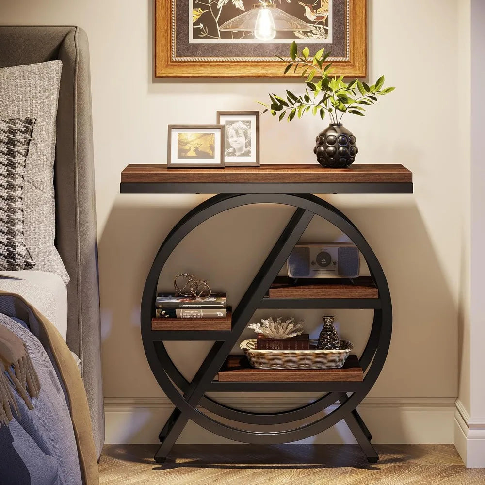 End Table Set of 2, 3-Tier Narrow Sofa Side Table with Storage for Living Room, Wood End Table with Geometric Metal Frame, Indu