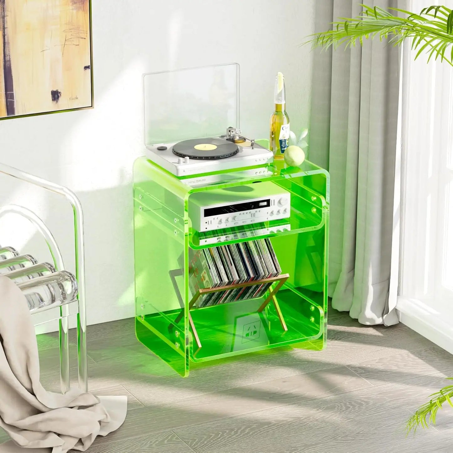 Acrylic Record Player Table with Storage Shelf \u2013 Sleek Bedside Storage with Durable Design, Perfect for Bedrooms, Living Ro