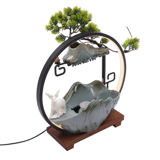 Indoor Ceramic Tabletop Fountain with LED Lights Mist Deer and Plants Waterfall Design for Home Spa and Yoga Relaxation