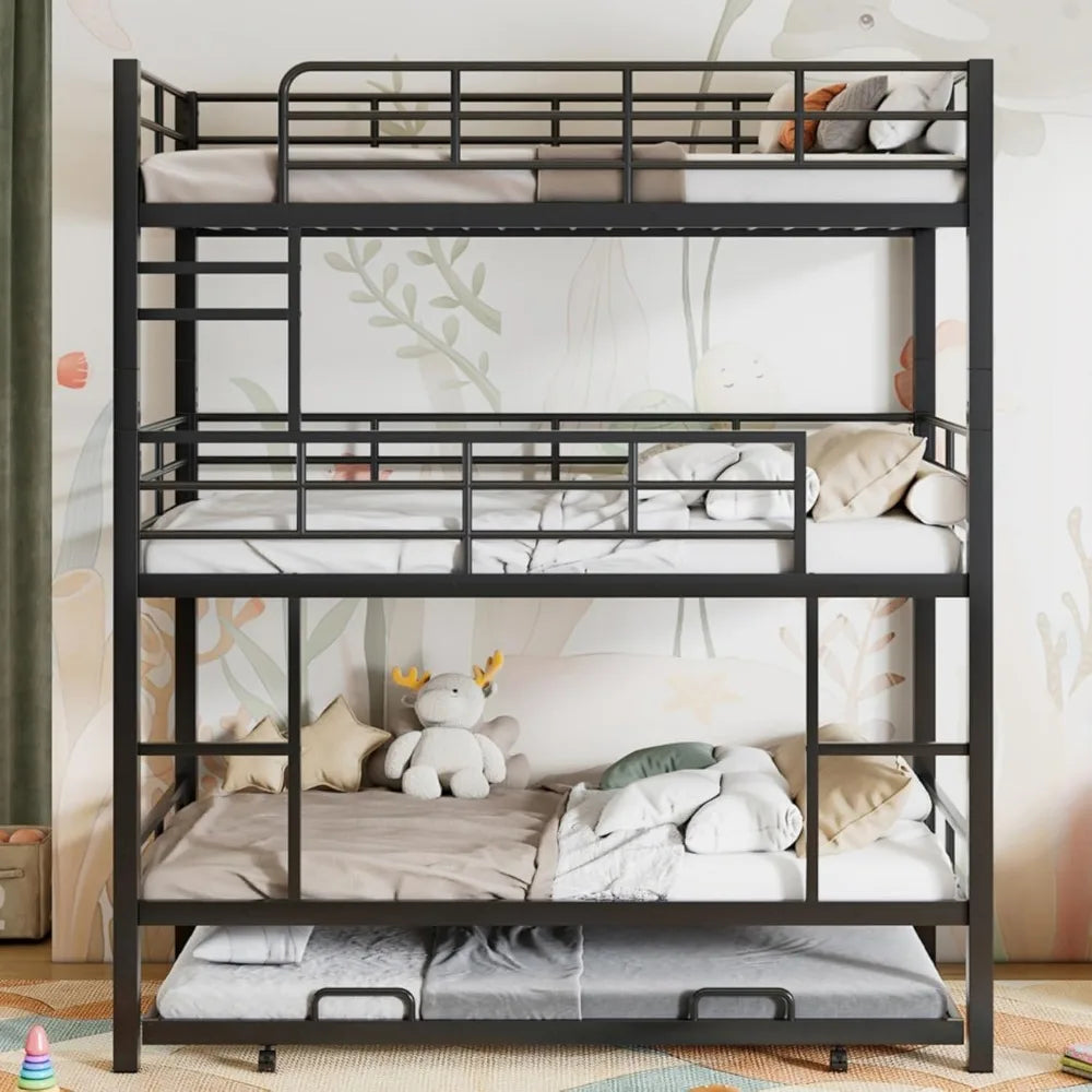 Twin Size Heavy Duty Triple Bunk Bed with Trundle and Ladder, Guardrails for Kids, Adults, Teens, Bedroom, No Box Spring Needed,