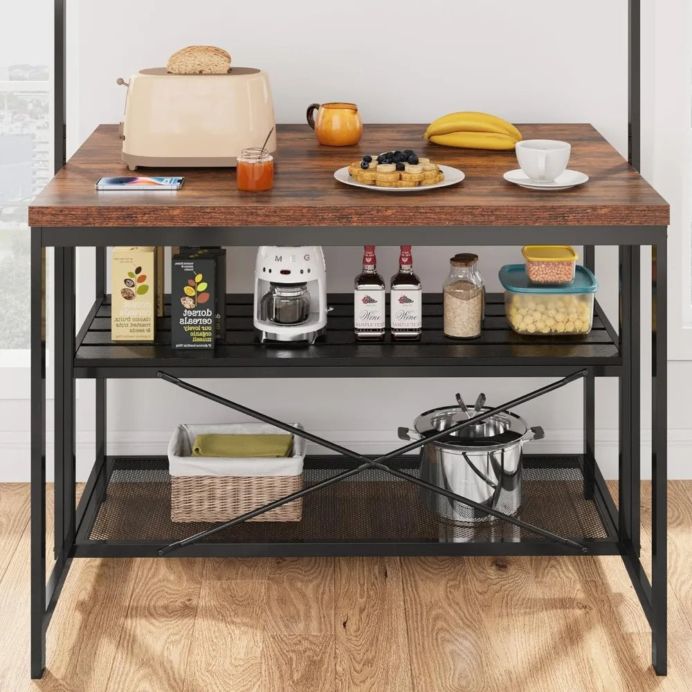 Kitchen Island with Storage, 42''Island Table for Kitchen with Seating Bakers Rack Microwave Oven Stand Shelf with 3 Tier Stora