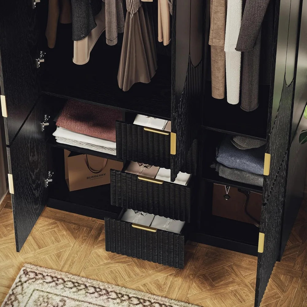 71" Wardrobe Armoire Wooden Closet with 3 Doors 3 Drawer and 2 Cabinet, Bedroom Armoire with Hanging Rod Shelf, Modern Wooden Be