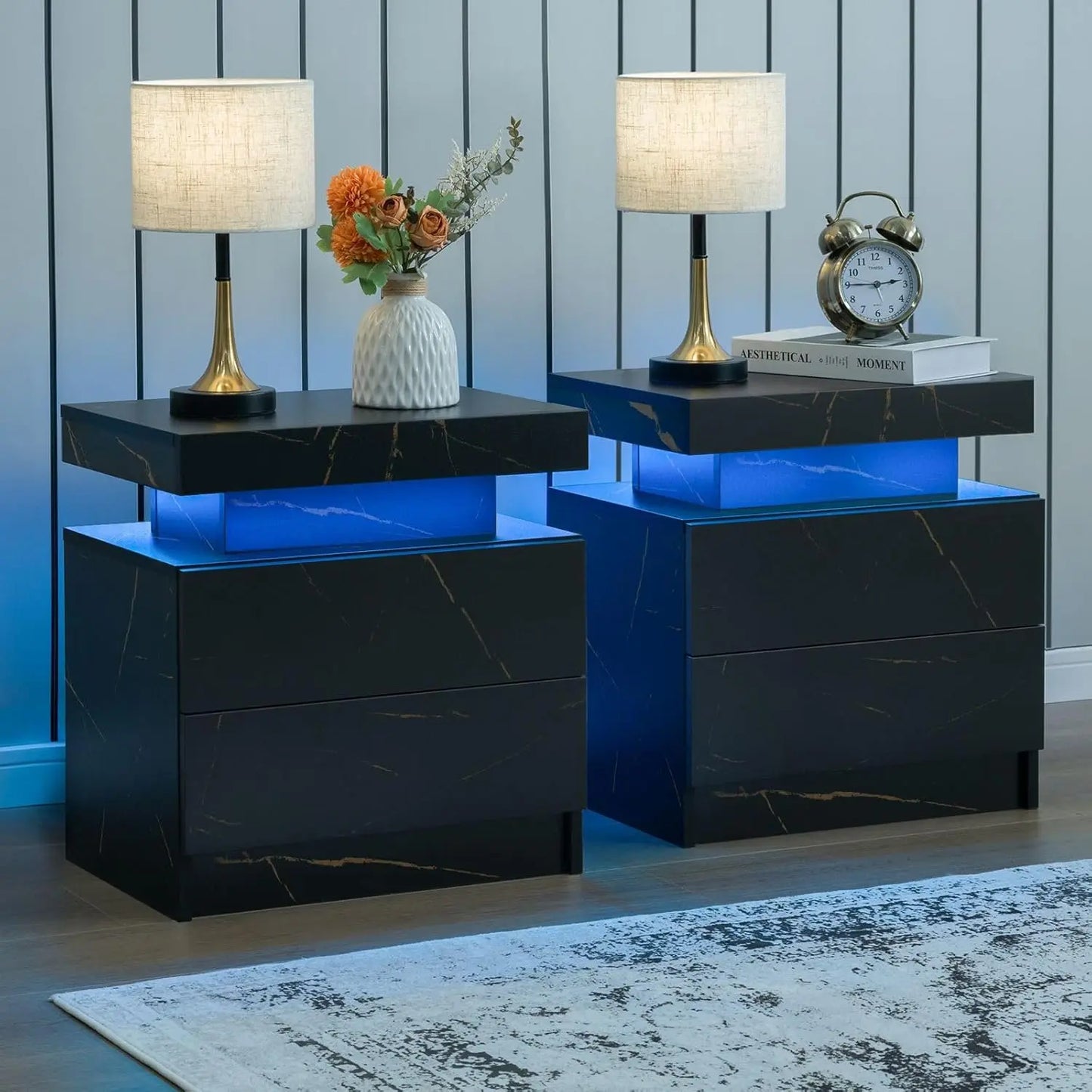 Nightstand Set of 2 LED Nightstand with 2 Drawers,Night Stand Set 2 with LED Light,Bedside Table with Drawers for Bedroom