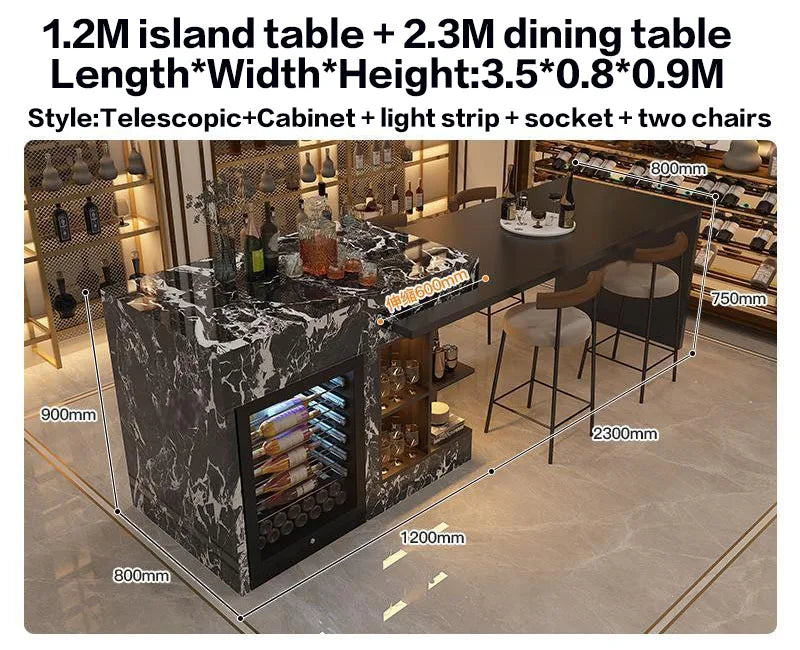 Luxury Marble Kitchen Island Set with Dining Table, Wine Refrigerator, LED Lights, 2-Layer Storage & Artistic Sculpture Base