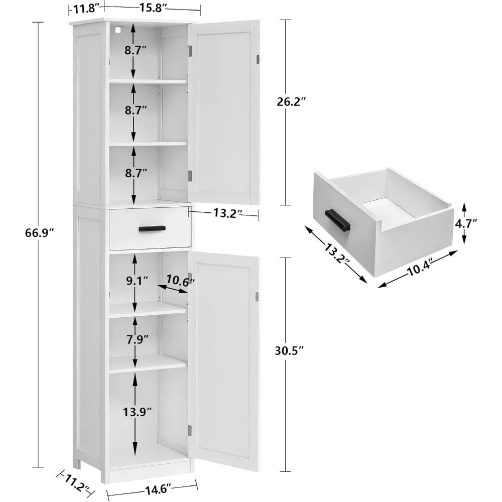 Tall Bathroom Cabinet With 6 Shelves And Drawers In Modern Engineered Wood