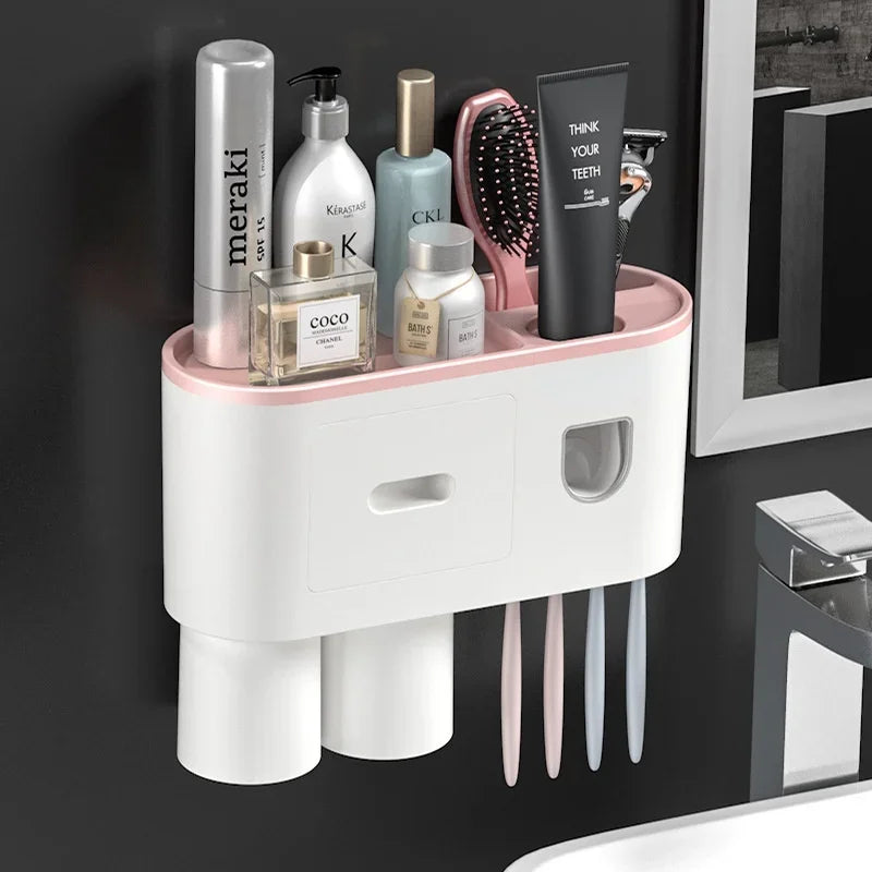 Magnetic Adsorption Inverted Toothbrush Holder Double Automatic Toothpaste Squeezer Dispenser Storage Rack Bathroom Accessories