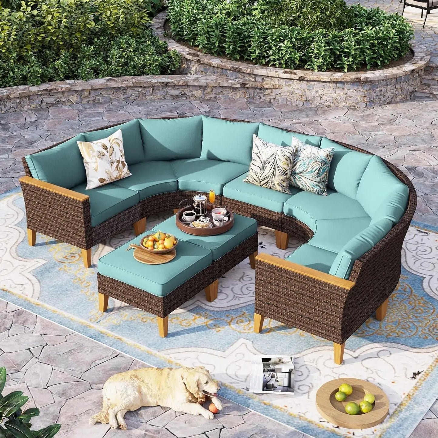 12 Piece Curved Outdoor Sectional Sofa Set Rattan Patio Conversation Set with 4 x Curved Sofa,2X Armless Sofa, 2 x Ottoman,Beige
