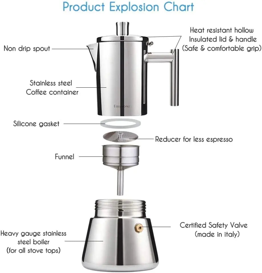 Easyworkz Diego Stovetop Espresso Maker Stainless Steel Italian Coffee Machine Maker Induction Moka Pot