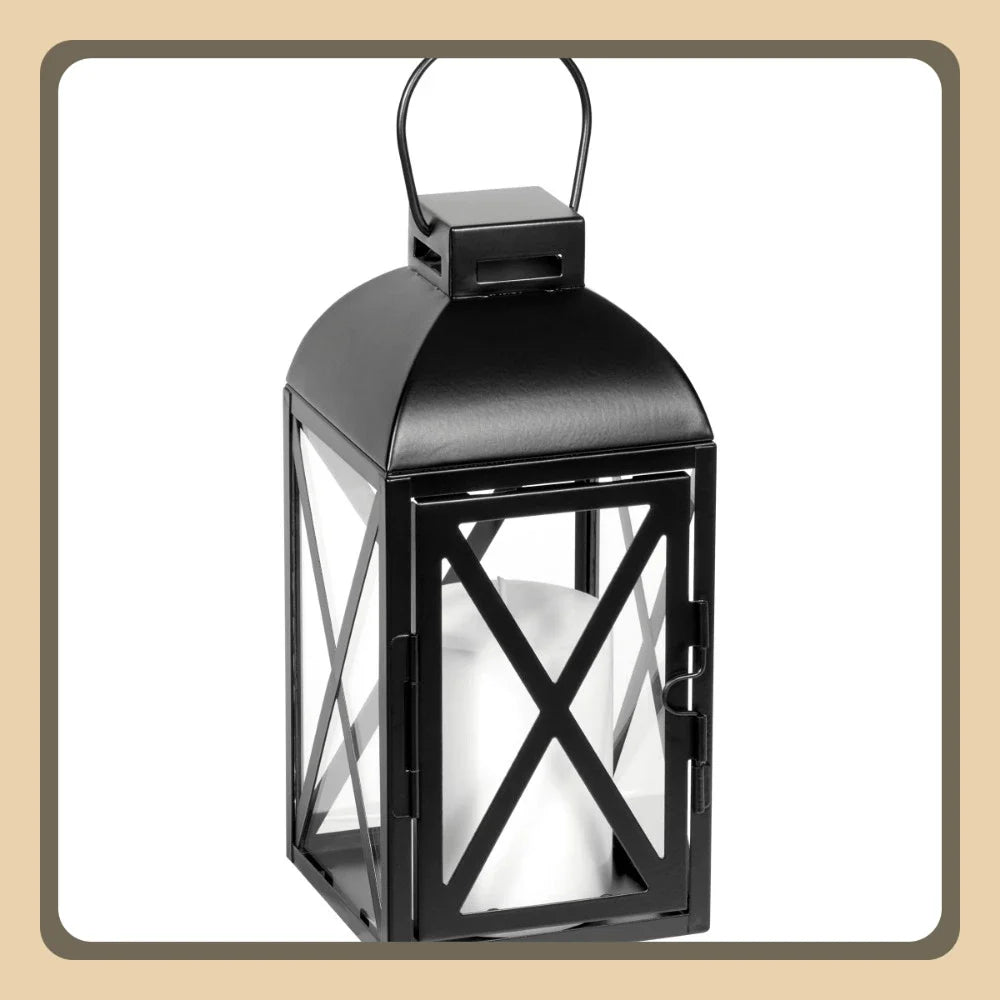 2 Pack Decorative Black Metal Pillar Candleholder Lantern 10 Inch Small