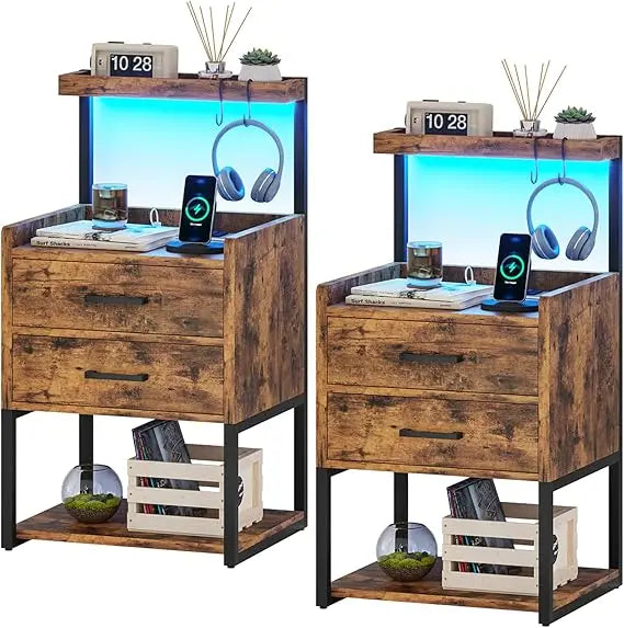 LED Nightstand Set of 2 with Charging Station, 2 Drawers Night Stand with LED Lights for Bedroom, 2 USB Ports, 2 Power Outlets,