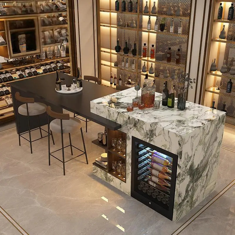 Luxury Marble Kitchen Island Set with Dining Table, Wine Refrigerator, LED Lights, 2-Layer Storage & Artistic Sculpture Base