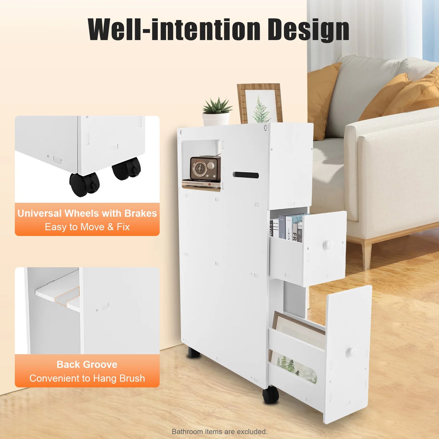 White Narrow Bathroom Storage Cabinet, Modern PVC Floor Standing Cabinet W/ Drawers, Carved Rectangular Side Cabinet for Toilet