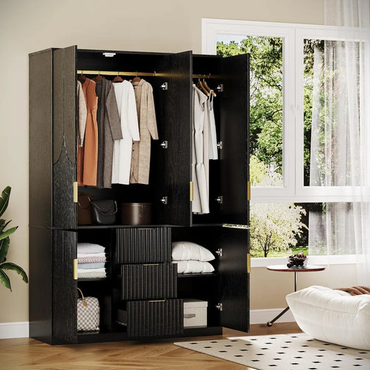 71" Wardrobe Armoire Wooden Closet with 3 Doors 3 Drawer and 2 Cabinet, Bedroom Armoire with Hanging Rod Shelf, Modern Wooden Be