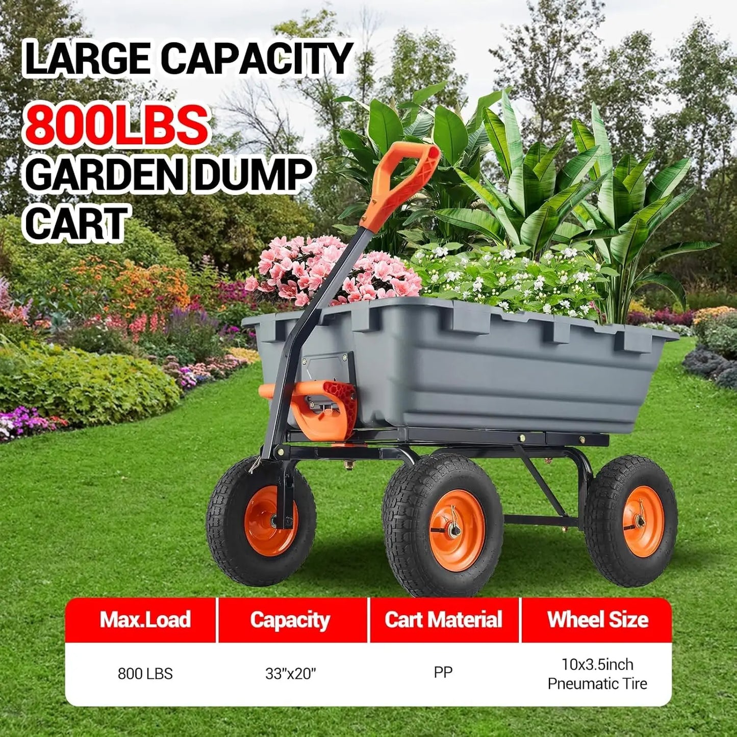 HiMISS Poly Garden Dump Cart Heavy Duty Wheelbarrow With Steel Frame