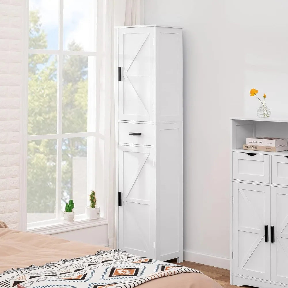 Tall Bathroom Cabinet With 6 Shelves And Drawers In Modern Engineered Wood