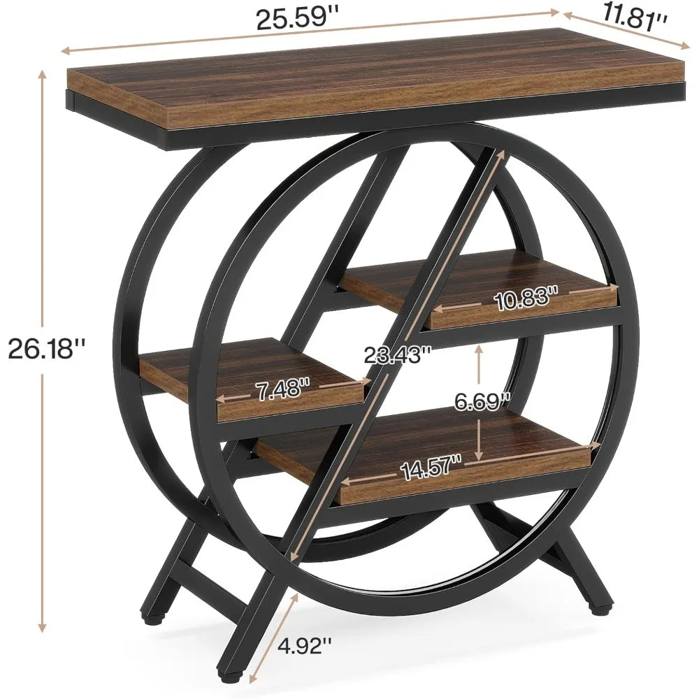 End Table Set of 2, 3-Tier Narrow Sofa Side Table with Storage for Living Room, Wood End Table with Geometric Metal Frame, Indu