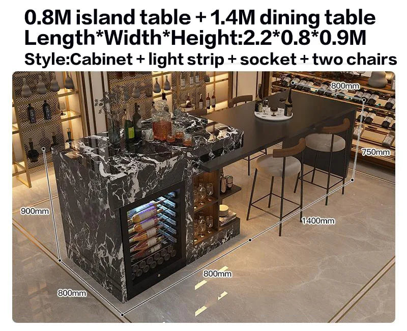 Luxury Marble Kitchen Island Set with Dining Table, Wine Refrigerator, LED Lights, 2-Layer Storage & Artistic Sculpture Base