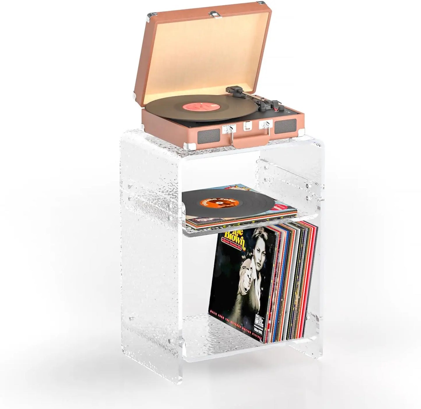 Acrylic Record Player Table with Storage Shelf \u2013 Sleek Bedside Storage with Durable Design, Perfect for Bedrooms, Living Ro