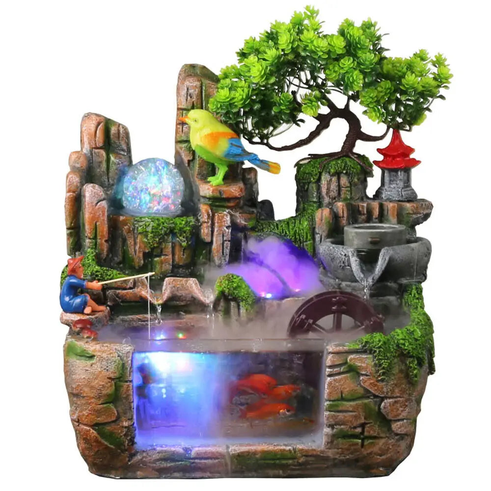 Desktop Fountain Waterfall with Rockery Indoor Relaxation Tabletop Resin Ornament and Light Bird Fisherman for Home