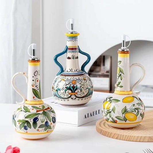 Flangeaks Hand Painted Ceramic Olive Oil Bottle Pot