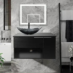 28 Inch Black Floating Bathroom Vanity with 1-Door and 1-Drawer, Modern Wall Mounted Cabinet with Blue Boat Vessel Sink Top
