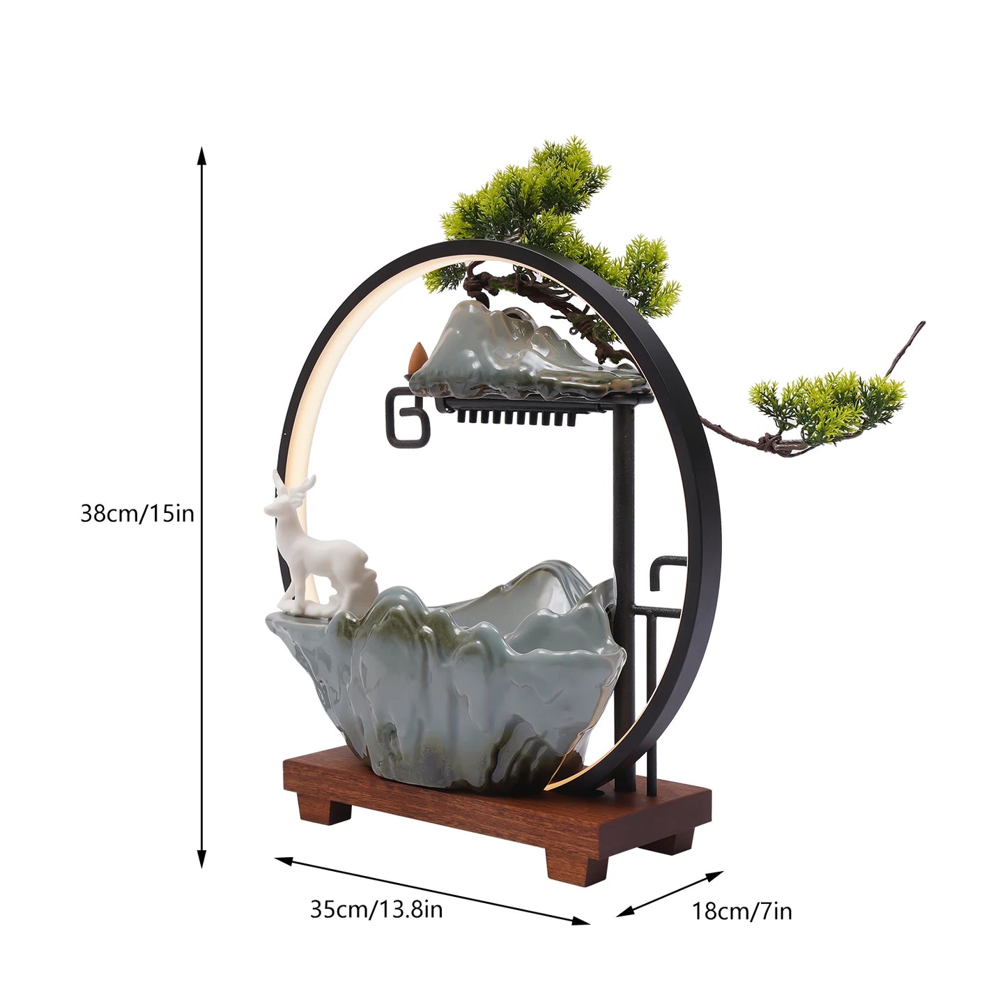 Indoor Ceramic Tabletop Fountain with LED Lights Mist Deer and Plants Waterfall Design for Home Spa and Yoga Relaxation