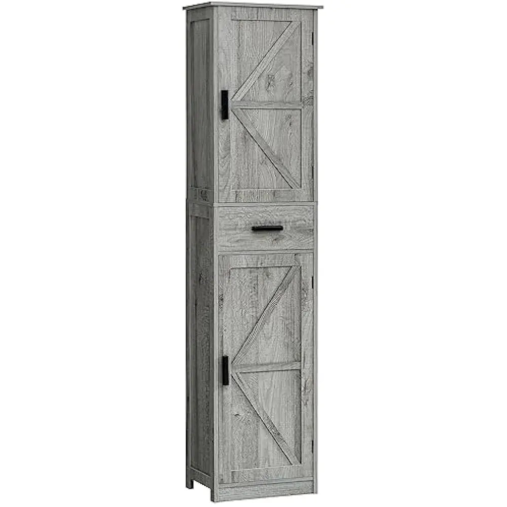 Tall Bathroom Cabinet With 6 Shelves And Drawers In Modern Engineered Wood