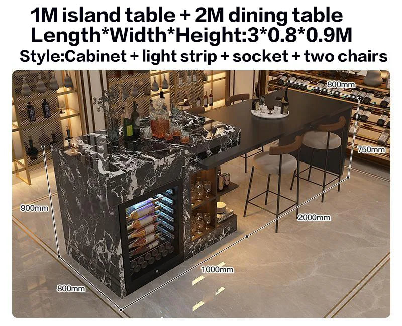 Luxury Marble Kitchen Island Set with Dining Table, Wine Refrigerator, LED Lights, 2-Layer Storage & Artistic Sculpture Base