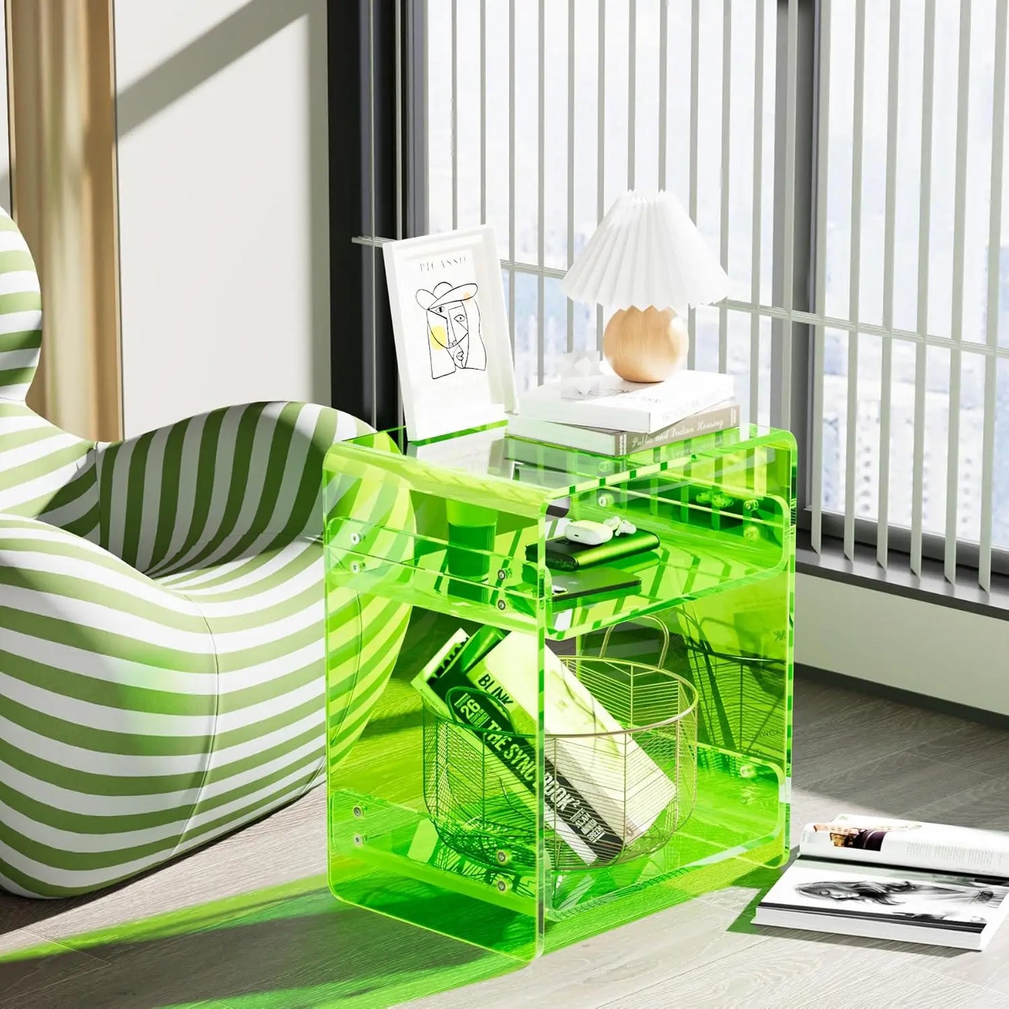 Acrylic Record Player Table with Storage Shelf \u2013 Sleek Bedside Storage with Durable Design, Perfect for Bedrooms, Living Ro
