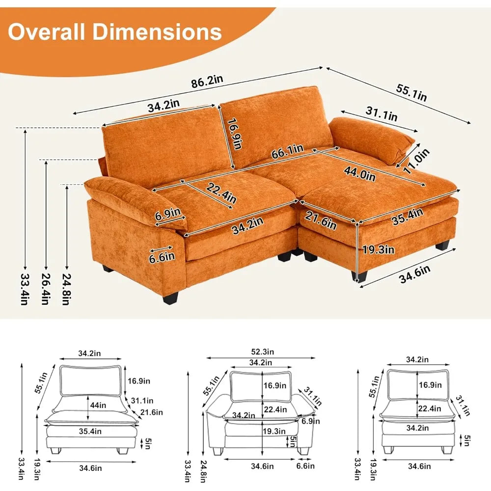Modular Deep Seat Sectional Sofa Couch with Ottoman Chenille Upholstered Furniture for Living Room Orange