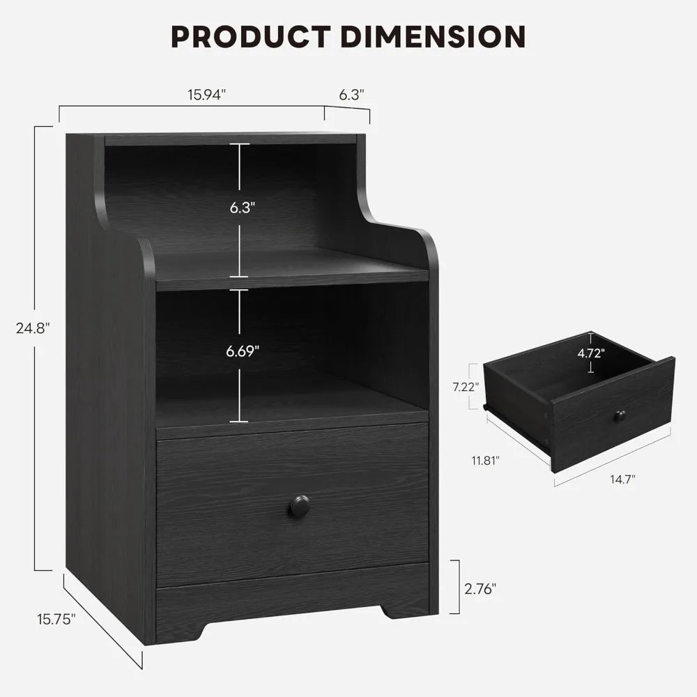 Nightstand with Drawer and Open Shelf, Bedside Table with Hutch, Modern End Table with Storage for Bedroom